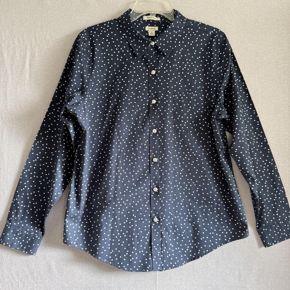L.L. Bean Navy Blue Button-Down Shirt with White Dot Print